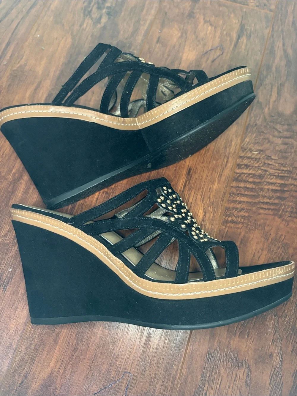 Bandolino Black Suede Floral Studded Wedge Sandals